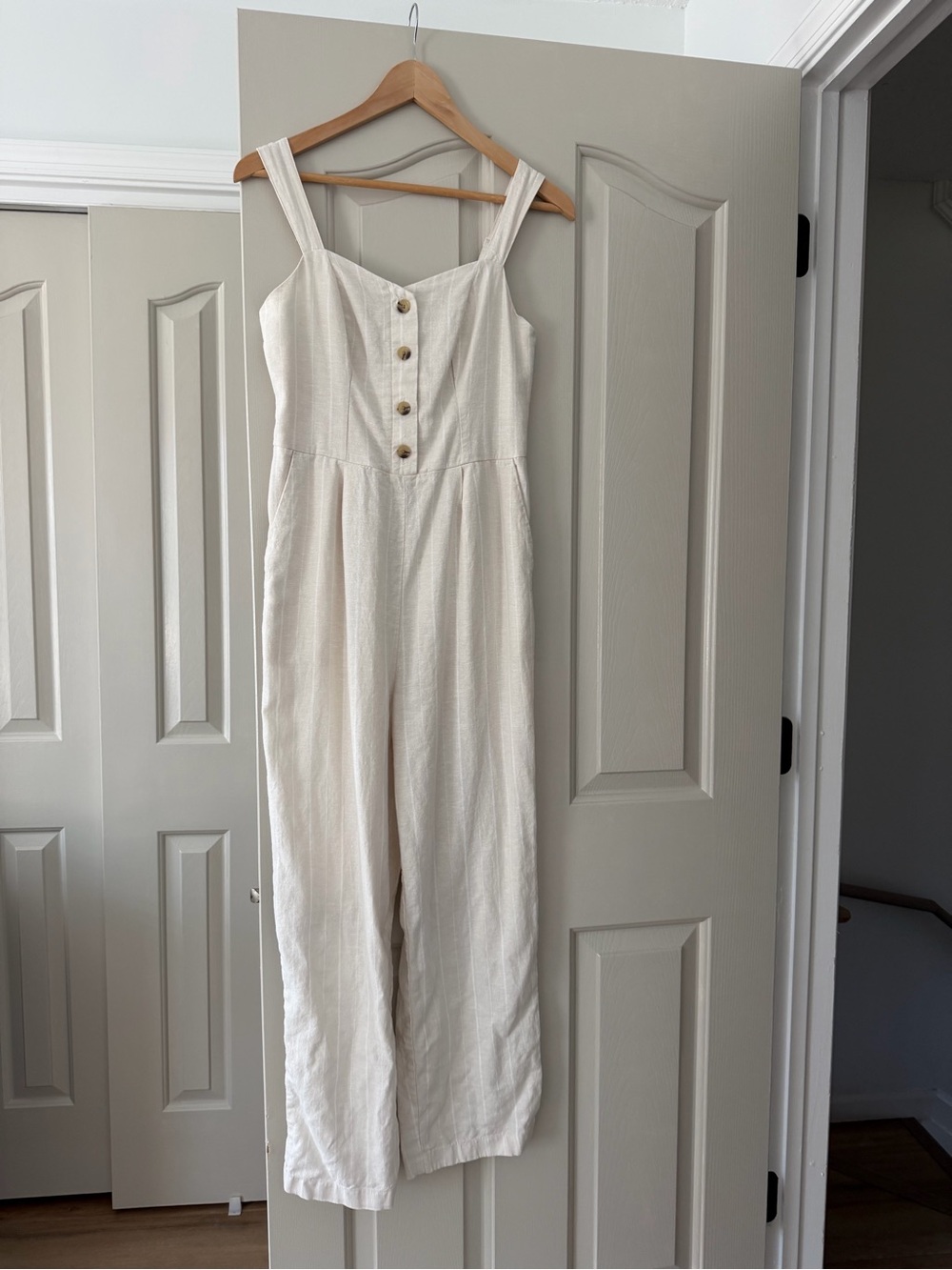 Old Navy Cream Button-Front Linen-Blend Jumpsuit